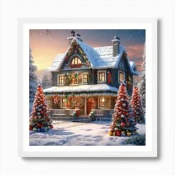 Christmas House 168 Art Print -Xmas Gifts Hub m2Fgen2Fart print square framed white2Fe075cc12 69ea 4cef b845 cffc51708d75