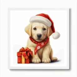 Christmas Labrador Puppy Art Print -Xmas Gifts Hub m2Fgen2Fart print square framed white2Fefeb397a e426 4973 b838 b86876b6a3be