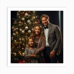 A Happy Family Standing Next To The Decorated Christmas Tree 7 Art Print