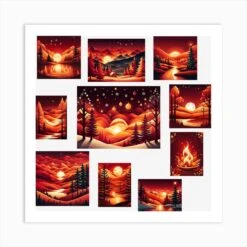 Sunset In The Christmas Forest, Christmas Tree Art, Christmas Tree, Christmas Vector Art, Vector Art, Christmas Art, Christmas, Red Forest, Collage , Collage Art Art Print