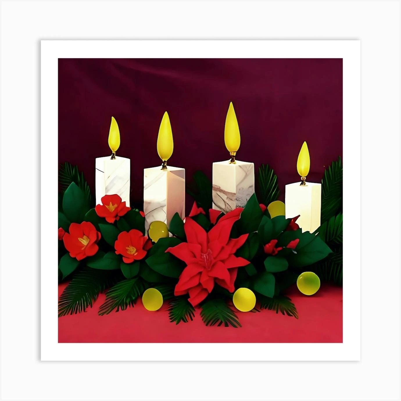 Christmas Candles With Poinsettia Art Print 3 Christmas Candles With Poinsettia Art Print