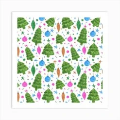 Christmas Trees And Bulbs Pink Blue Green Art Print