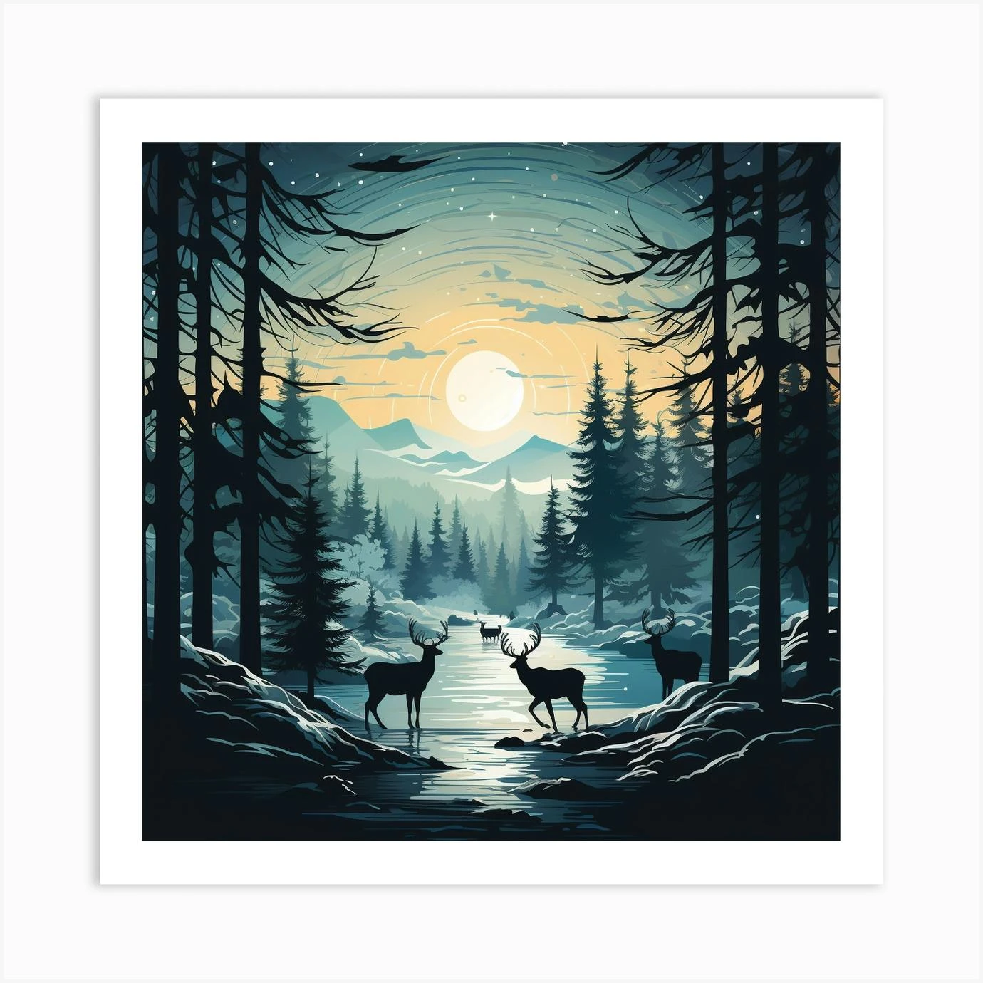 Deer In The Forest For Christmas Art Print 3 Deer In The Forest For Christmas Art Print