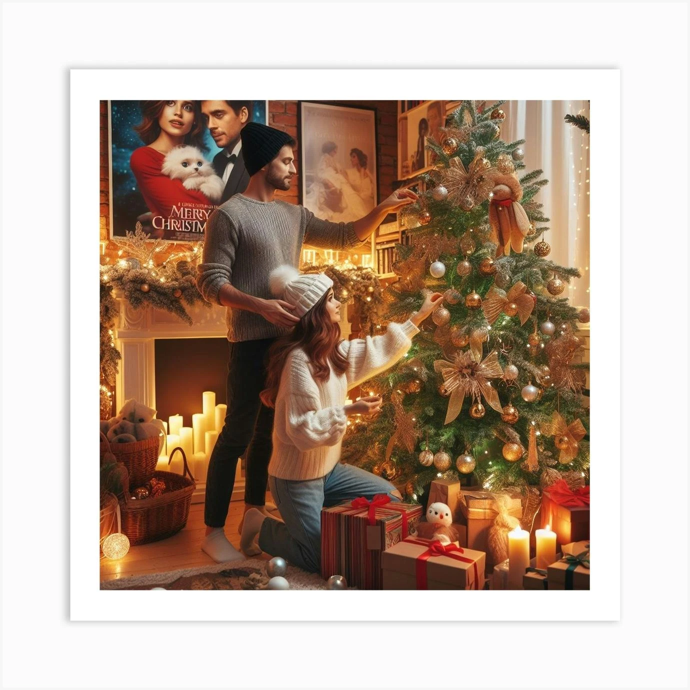 Couple Decorating Christmas Tree Art Print 3 Couple Decorating Christmas Tree Art Print