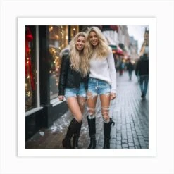 Sexy Girls Wearing Ripped Short Jeans And Boots On Christmas Eve In Amsterdam 1 Art Print