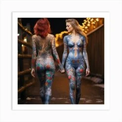 Two Attractive Women With Tatoos Wearing Body Painting Go For A Walk In The Christmas Eve 2 Art Print