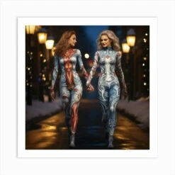 Two Beautiful Women Wearing Body Painting Walking In The Christmas Eve 3 Art Print