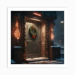 Christmas Decoration On Home Door Sharp Focus Emitting Diodes Smoke Artillery Sparks Racks Sy (3) Art Print