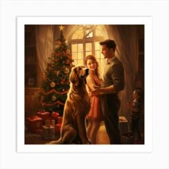 A Happy Family Standing Next To The Decorated Christmas Tree 5 Art Print