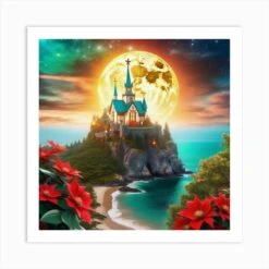 Christmas Castle With Poinsettias Art Print