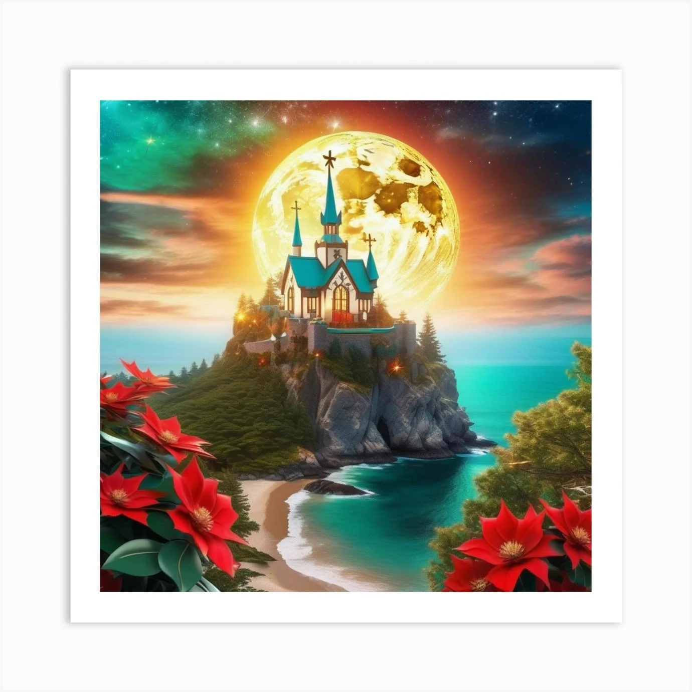 Christmas Castle With Poinsettias Art Print 3 Christmas Castle With Poinsettias Art Print