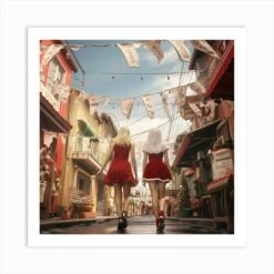 Two Girls In Elegant Dresses Walking On A Street With Hanging Laundry On Christmas Day 1 Art Print