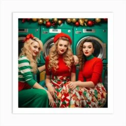 Beautiful Women In Christmas Clothes In The Laundry Art Print