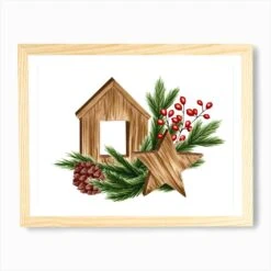 Christmas Composition With Wooden House, Star, Cone, Fir Branches And Red Berries Art Print -Xmas Gifts Hub m2Fgen2Fart print std landscape framed oak2Fcafb2545 5a39 4b38 971c bc748dc6d87d