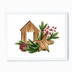 Christmas Composition With Wooden House, Star, Cone, Fir Branches And Red Berries Art Print -Xmas Gifts Hub m2Fgen2Fart print std landscape framed white2F79329b2a ad94 48b0 a2b4 cfd8fede71c1