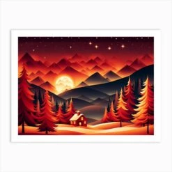 Christmas Red Winter Landscape In The Mountains, Christmas Days, Christmas Concept Art, Christmas Vector Art, Vector Art, Christmas Art, Christmas, Christmas Trees 6 Art Print
