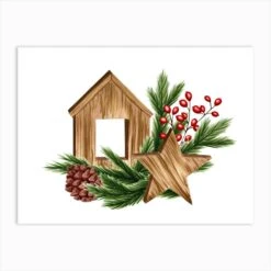 Christmas Composition With Wooden House, Star, Cone, Fir Branches And Red Berries Art Print