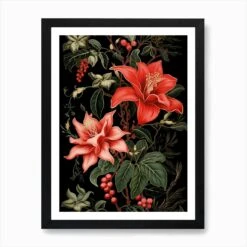 Christmas Cactus 2 William Morris Style Winter Florals Art Print -Xmas Gifts Hub m2Fgen2Fart print std portrait framed black2F150179b8 ef3d 4da3 81d7 a6315508715a