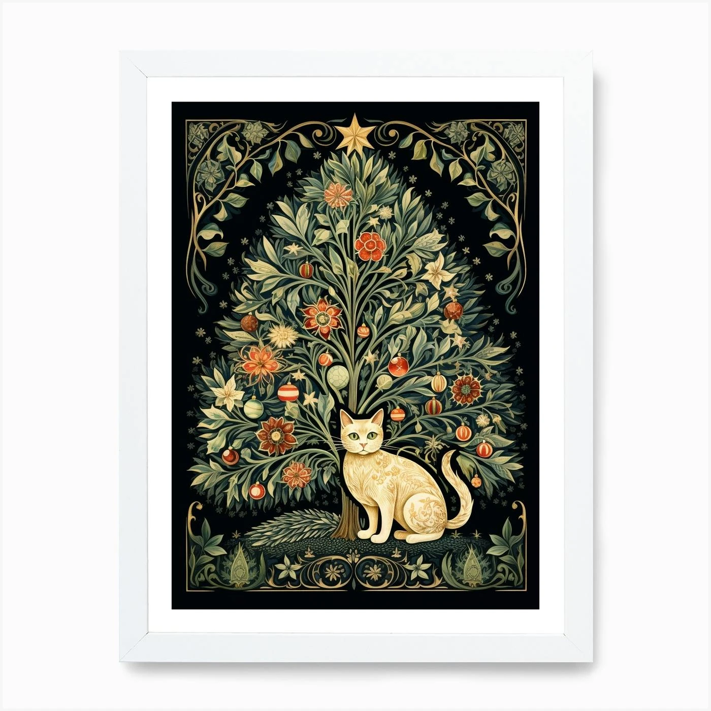 William Morris Style Christmas Cat 6 Art Print 5 William Morris Style Christmas Cat 6 Art Print - Image 3