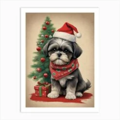 Christmas Shih Tzu Dog Wear Santa Hat (8) Art Print