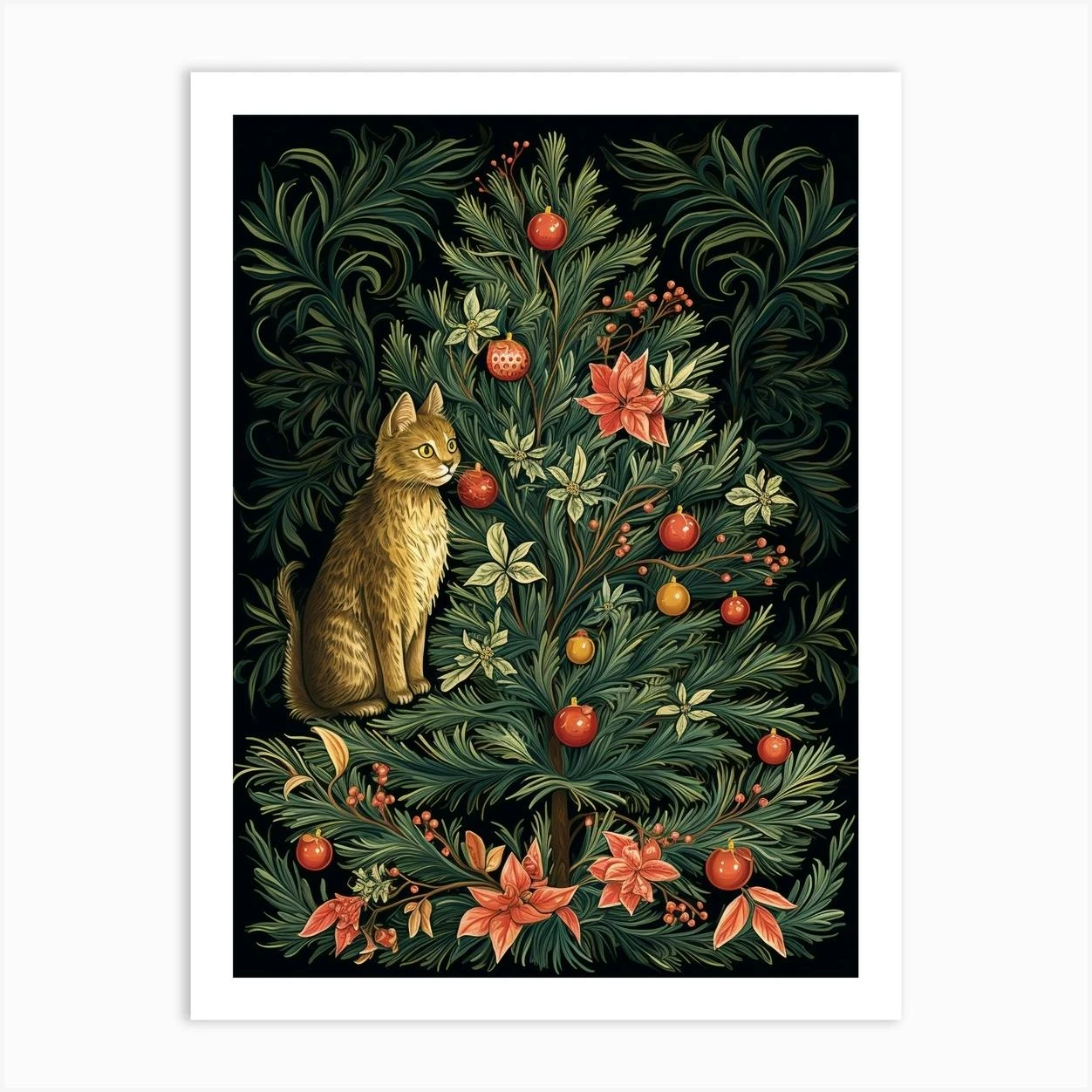 William Morris Style Christmas Cat 7 Art Print 3 William Morris Style Christmas Cat 7 Art Print