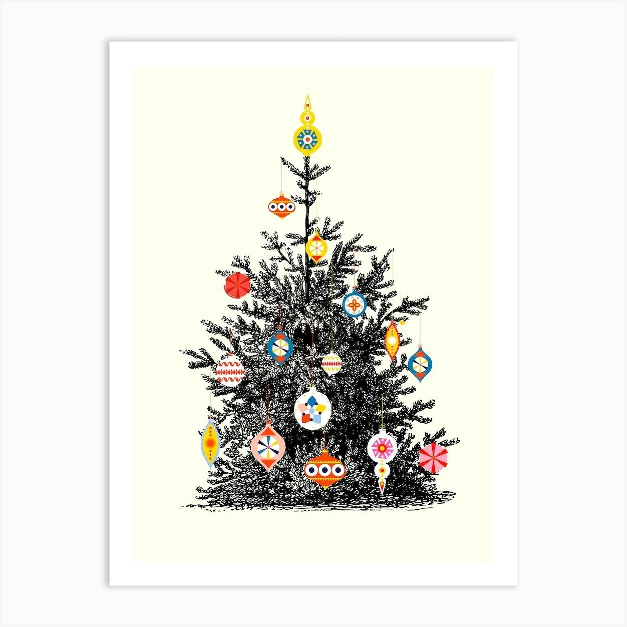 Retro Decorated Christmas Tree Art Print 3 Retro Decorated Christmas Tree Art Print