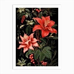 Christmas Cactus 2 William Morris Style Winter Florals Art Print
