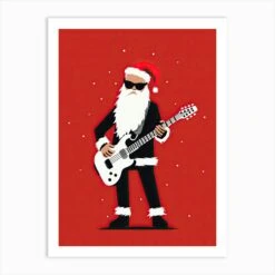 Santa Claus Playing Guitar, Christmas Art Print