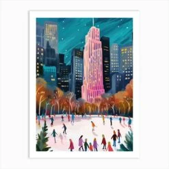 New York The Rink At Rockefeller Center Winter Christmas Travel Painting Art Print