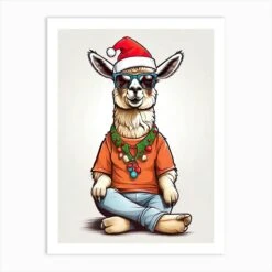 Llama Christmas Hat Art Print